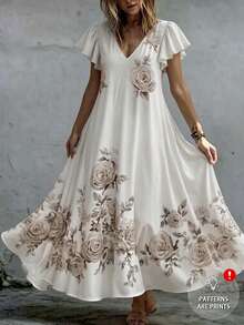 Holdful Holdful Women's V-Neck Ruffle Sleeve Short Sleeve Elegant Celestial Sexy Casual Boho Rose Pattern Floral White Dress A-Line Party Formal Summer - Multicolor - View 7