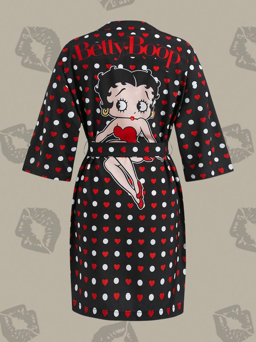Betty Boop x SHEIN Áo choàng ba phần tư tay lỡ in họa tiết chấm bi và trái tim mùa hè, phong cách giản dị, gợi cảm và dễ thương, có thắt lưng, mùa thu và đông - màu đen - Xem 1