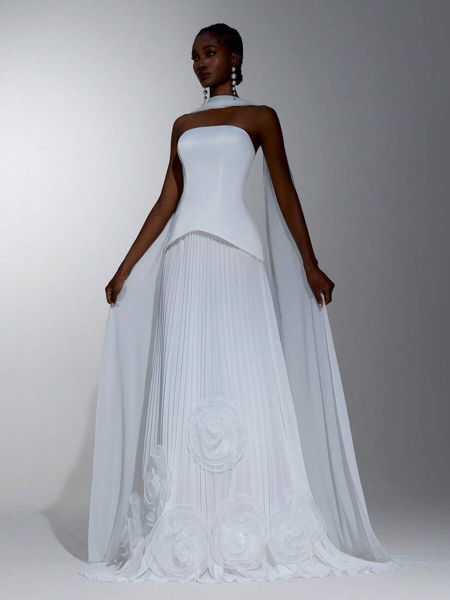 Elitara Elegant White Satin Strapless 3D Floral Applique Pleated Chiffon 2 In 1 A-Line Floor Length Bridal Wedding Prom Formal Evening Party Long Maxi Dress - White - View 1