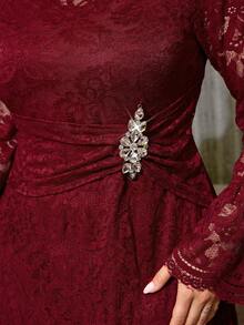 Reflora Plus Size Women's Lace Patchwork Rhinestone Decor Elegant Waist-Cinching Party Dress Fall - Burgundy - View 7