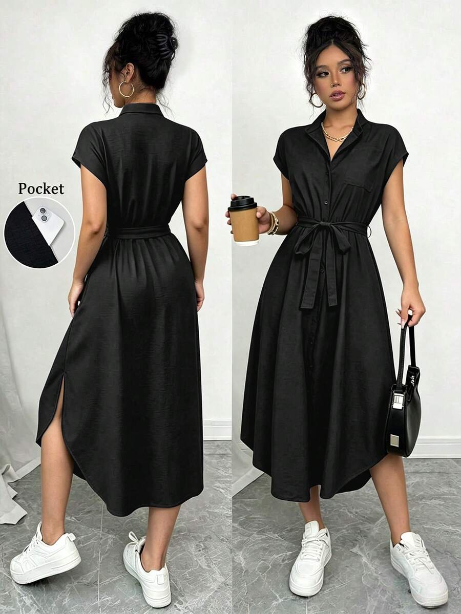SHEIN Raffinéa 女款純色腰部打結設計百褶休閒日常夏季洋裝 - 黑色 - 查看 1