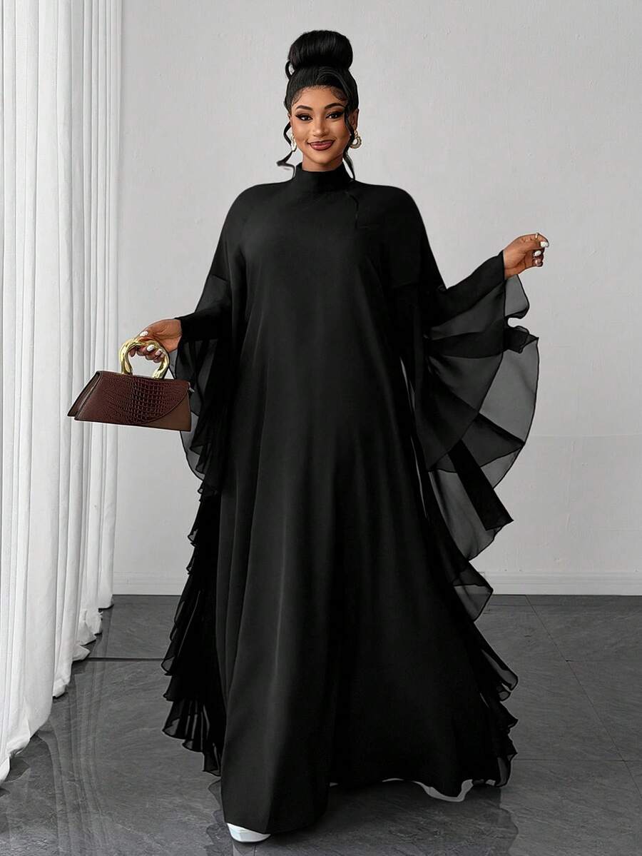 Maweii Plus Size Pure Black Stand Collar Full Skirt Dubai High-End Luxury Drape Double Layer Flutter Sleeve Loose Flattering Dress Fall - Black - View 1