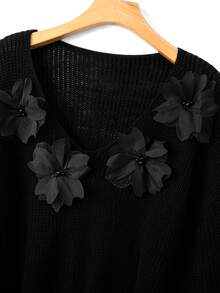 GlowEve CURVE Plus Size Elegant 3D Floral Beaded V-Neck Drop Shoulder Long Sleeve Pullover Sweater Winter - Black - View 3