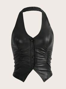 SHEIN ICON Button Front Backless PU Leather Halter Black Corset Top - Black - View 2