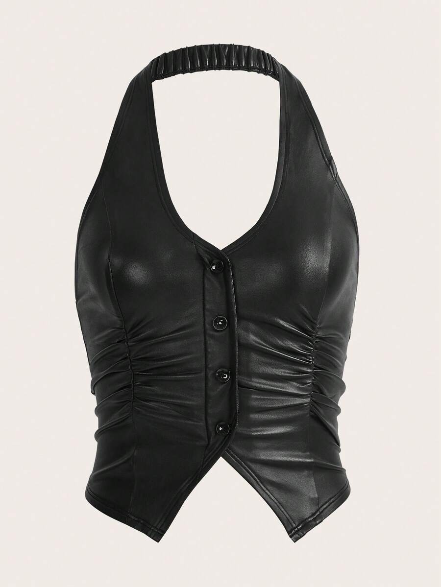 SHEIN ICON Top de corsé negro de PU halter, sin espalda y con botones delanteros - Negro - Ver 1