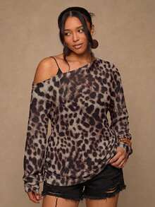 Freevana Asymmetrical Off-Shoulder Leopard Top With Side Ruching And Relaxed Silhouette, Boho Casual Piece - Multicolor - View 4