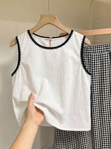 Tseoso 女款2件套：白色無袖棉質襯衫 + 格紋長褲 - 彩色 - 查看 5