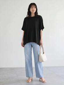 SHEIN LUNE Solid Batwing Sleeve Tee,Casual - Black - View 3