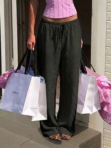Elenzga Pantalones rectos de pierna recta con cordones para mujer, talla grande, casuales para vacaciones y viajes, color negro, versátiles y estilizantes, de tela tejida, adecuados para primavera, verano y otoño, ropa para mujer, pantalones talla grande - Multicolor - Ver 5