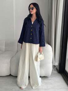 Solavon 女款條紋單排扣休閒百搭日常穿著襯衫 - 藏蓝色 - 查看 3