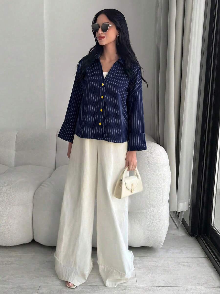 Solavon 女款條紋單排扣休閒百搭日常穿著襯衫 - 藏蓝色 - 查看 1