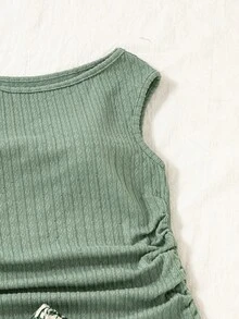 女童背心套裝，豆綠色紋理提花針織無袖上衣搭配復古印花雙層荷葉邊裙，清新甜美，夏季度假休閒兩件套，開學季 - 綠色 - 查看 6