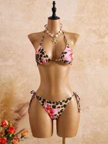 SHEIN 2件套女士花卉豹纹性感系带比基尼套装 - 彩色 - 查看 3