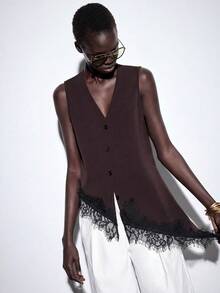 SHEIN PariChic بلوزة نسائية برقبة على شكل حرف V مع تطريز دانتيل غير متماثل، مجموعة ربيع/صيف جديدة - بني - مشاهدة 7
