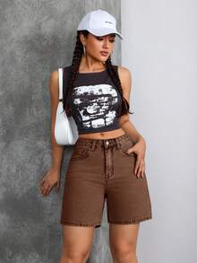 SHEIN Tall Y2K街頭風女款中腰休閒水洗牛仔短褲，咖啡棕色，適合旅行與夏天，高個女性適用 - 咖啡棕 - 查看 6