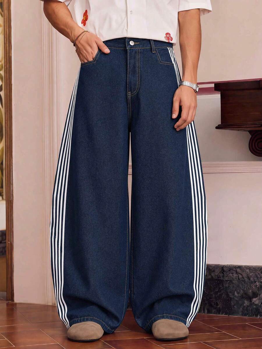 SWAVVY Men's Woven Fashion Casual Loose Straight Leg Solid Color Long Pants - Blue - View 1