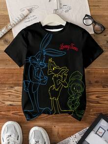 LOONEY TUNES X SHEIN 青少年男孩字母卡通印花短袖休閒T恤 - 白色 - 查看 7