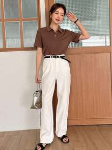 Dazy-Less Women's Loose Casual Polo Collar Short Sleeve Button-Up Coffee Brown Solid Color 100% Cotton T-Shirt - Coffee Brown - View 3