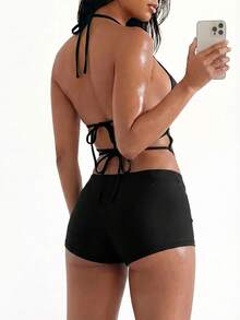 Oceva Women's Summer Beach Halter Neck Tankini Set With Fish Eye Design - Black - View 2