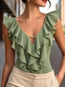 Flora Isola Flora Isola Women's Summer V-Neck Hollow Out Ruffle Trim Camisole Top, French Style Elegant Loose Fit Slimming Commuter Brunch Date Design Blouse Sage Green - Green - View 3