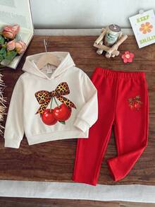 SHEIN Playful Pals 女嬰時尚可愛豹紋蝴蝶結與櫻桃印花連帽衛衣 + 配色拼接長褲套裝 - 彩色 - 查看 3