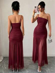 Elenzga Women's Summer New Beach Vacation Dress, Light Blue Mesh One Shoulder Bandeau Fitted Dress - Burgundy - View 1