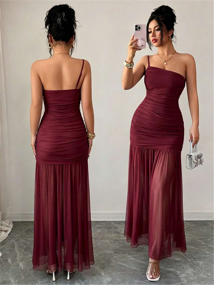 Elenzga Women's Summer New Beach Vacation Dress, Light Blue Mesh One Shoulder Bandeau Fitted Dress - Burgundy - View 1