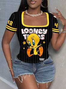 Slaydiva LOONEY TUNES X SHEIN 大尺碼女款趣味條紋字母印花拼接配色短袖T恤 - 白色 - 查看 3
