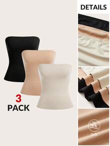 SHEIN BASICS 3件/組 女款休閒素色針織抹胸上衣 露肩上衣 夏季服飾 - 彩色 - 查看 4