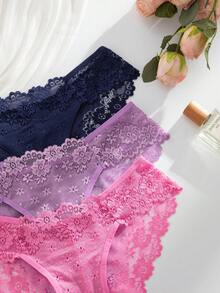 SHEIN 浪漫性感蕾絲女款三角內褲 3件組 - 彩色 - 查看 4