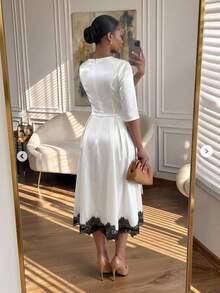 SHEIN Lady CURVE Plus Size Fashion Lace Patchwork Pleated Round Neck Dress Summer Wedding Formal Mother Of The Bride Formal Mother Of The Bride White Elegant Wedding - Multicolor - View 2