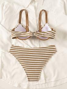 Swim Lushoire Summer New Women's Swimwear Underwire Push-Up Gathered Double Shoulder Straps Spaghetti Strap Adjustable Back Triangle Bikini 2pcs Set - Multicolor - View 2