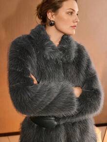 MOTF PREMIUM PLUS SIZE WOMEN'S FAUX FUR & LEATHER PATCHWORK BELTED COAT, AUTUMN/WINTER - Dark Grey - View 4