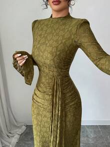 Modelyn French Design Lace Semi-High Neck Ribbon Cinched Waist Ruched Women's Dress - Olive Green - View 2