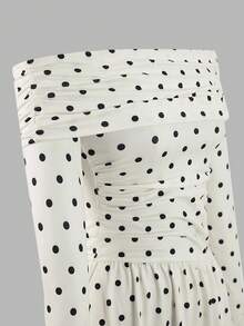 Tween Girl) Dress, Off-Shoulder, Polka Dot, Black White Polka Dot, Elegant, Casual, Vacation Party Autumn - Apricot - View 8