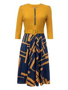 Lunelith SHEIN Lunessa Kleid mit Patchwork Geometrischem Muster, Reißverschluss Teilung vorne und Taillenzugband - Gelb - Übersicht 3