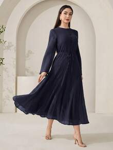 Veilorie New Fabric Ruched Texture Spaghetti Strap Slimming A-Line Flowy Beach Vacation Casual Party Dress - Navy Blue - View 3