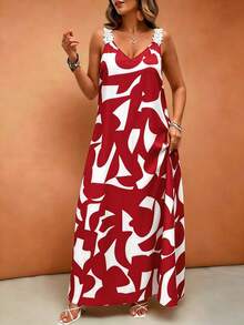 Breezaya Plus Size Women's Geometric Print Elegant Sleeveless Vacation Dress - Red - View 4