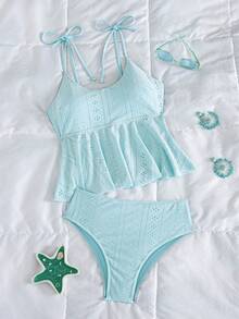 Bellisia 女款度假海灘鏤空刺繡網眼紋理布料 U 領雙肩綁帶打結蝴蝶結設計荷葉邊下擺，搭配比基尼泳褲與細肩帶比基尼兩件套，適合海灘度假 - 藍色 - 查看 7