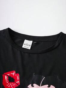 Betty Boop x SHEIN 大码女式圆领短袖T恤短裤睡衣套装 - 黑色 - 查看 3
