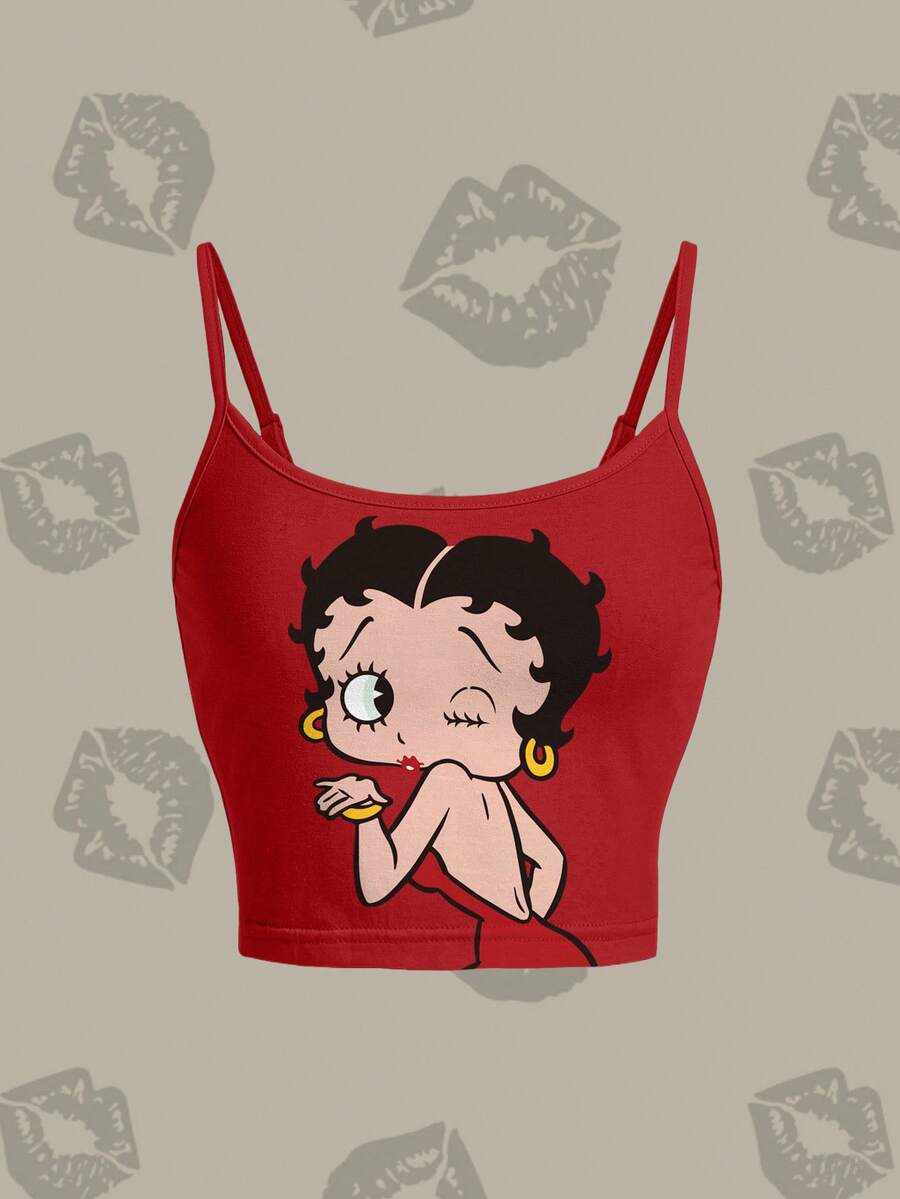 Betty Boop x SHEIN 女士时尚露脐吊带背心,适合音乐节和约会穿着 - 白色 - 查看 1