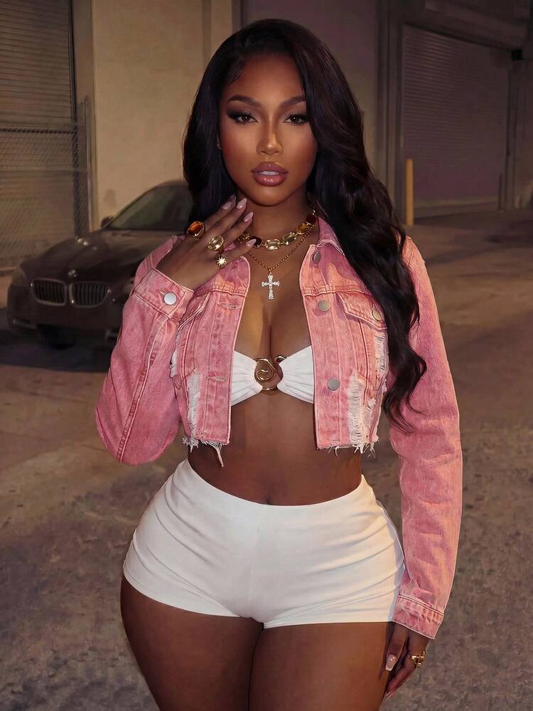 Slaydiva Women's Long Sleeve Single-Breasted Distressed Raw Hem Cropped Denim Jacket - Watermelon Pink - View 3