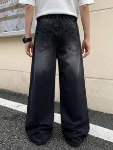 青少年男孩時尚休閒破洞復古街頭黑色寬鬆牛仔褲，適合電音派對、度假穿搭、返校街頭風 - 黑色 - 查看 2