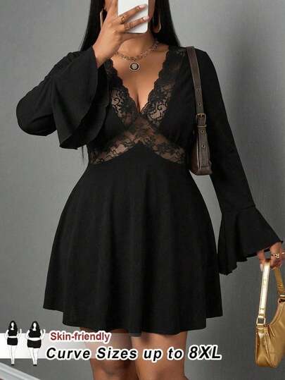 SHEIN CURVE+ Plus Size Women's Autumn/Winter Warm Elegant Sexy Hot Retro Millennial Style Y2K Modern Fashion Individual Avant-Garde Banquet Party Party Wear Lace-Trimmed Black Knitted Fabric V-Neck Flared Sleeve Loose Skirt Dress