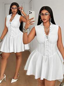 Maweii Plus Size Women's White Sleeveless Spaghetti Strap Summer Dress With Eyelet Lace-Up Waist, Sexy Slimming Bodycon Short Dress, Simple Fashionable Summer Travel Date Dress - White - View 1