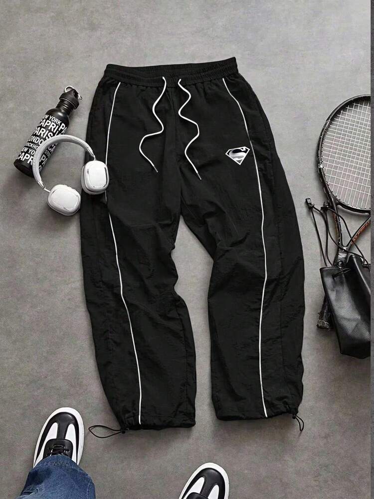 SUPERMAN X SHEIN Sport MetroGents Men's Contrast Trim Sports Long Pants - Black - View 1