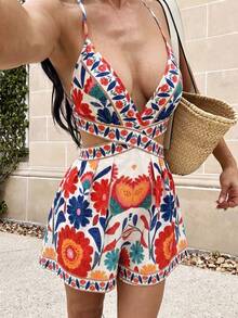SHEIN SXY Plus-Size Women's Floral Print Sleeveless Jumpsuit With Cutout Waist And Halter Neck, Loose Fit, White, Summer Bohemian Style, Beach Vacations. - Multicolor - View 4