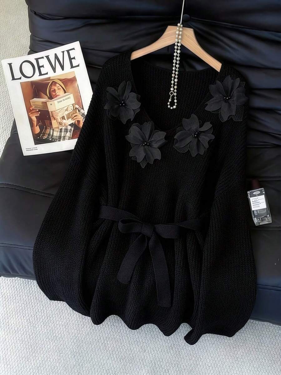 GlowEve CURVE Plus Size Elegant 3D Floral Beaded V-Neck Drop Shoulder Long Sleeve Pullover Sweater Winter - Black - View 1