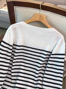 GlowEve CURVE Plus Size Casual Colorblock Striped Crew Neck Side Opening Button Long Sleeve Pullover Sweater - Black and White - View 9