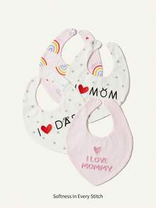 SHEIN 4件組嬰兒圍兜套裝，彩虹愛心三角口水巾，Love Mom Love Dad 媽媽爸爸愛心款 - 粉/白色 - 查看 5